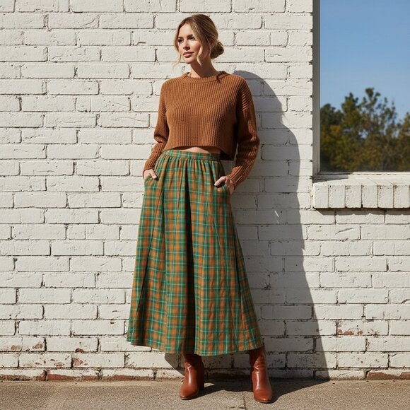 Cotton plaid long A-line skirt - Picture 3 of 5